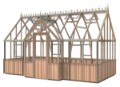 Detail view highlighting rustic cedar wood walls of T-Garden Cross Greenhouse.