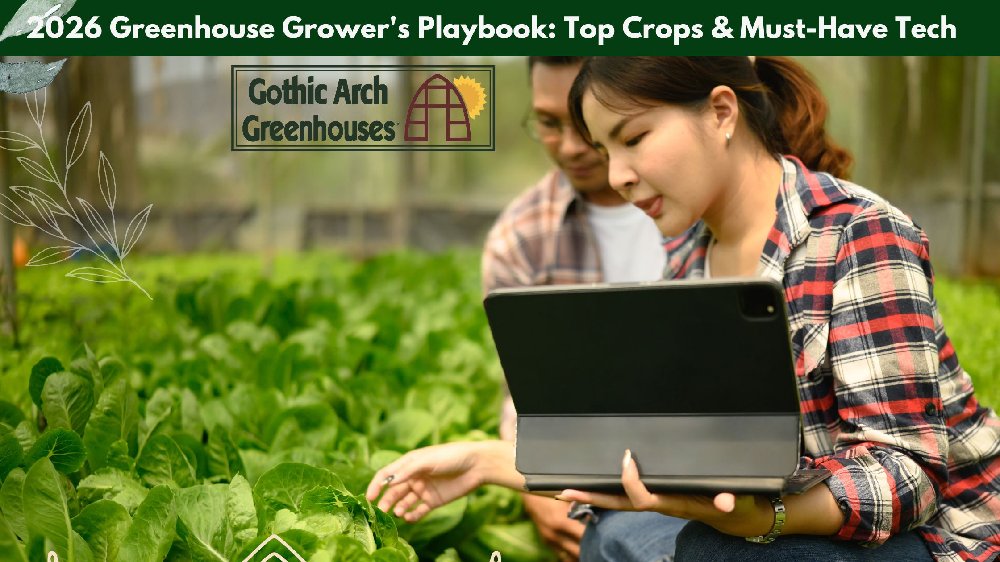 Interior of a high-tech smart greenhouse in 2026 featuring automated climate controls, IoT sensors, LED grow lights, and healthy green crop