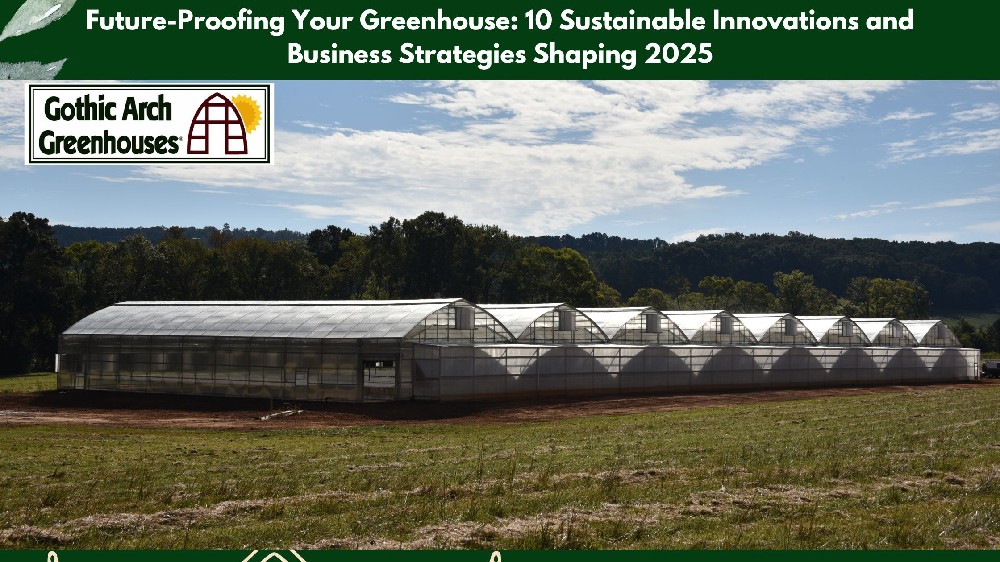 A futuristic greenhouse in 2025 with solar panels on the roof, automated irrigation systems, vertical farming racks, wildflower corridors for pollinators, and a digital control panel interface, set in a lush, eco-friendly environment with visible water recycling systems and biodegradable packaging bins.