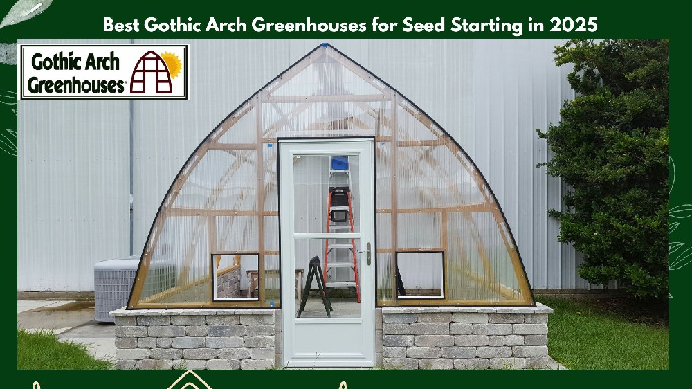  Gothic arch greenhouse with transparent polycarbonate roof set in a sunny backyard garden, featuring green seedlings on trays, gardening tools, and blooming flowers under a blue sky — ideal environment for seed starting