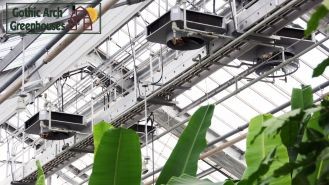 Greenhouse ventilation system featuring both roof vents and side vents, allowing for improved airflow.