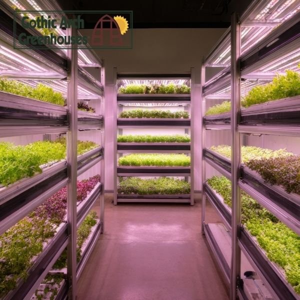 LED grow lights illuminating plants in a vertical farming setup
