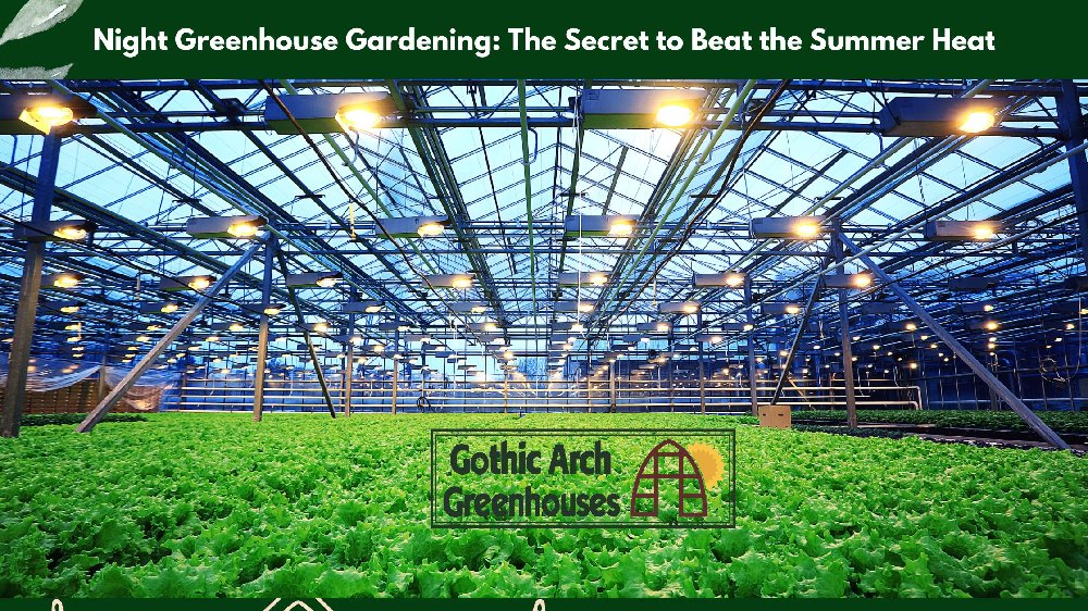 Nighttime greenhouse gardening setup with LED lights illuminating lush green plants and a gardener tending crops, showcasing a sustainable method to beat summer h