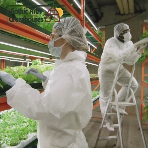 Scientist analyzing plant health data on digital tablet in greenhouse