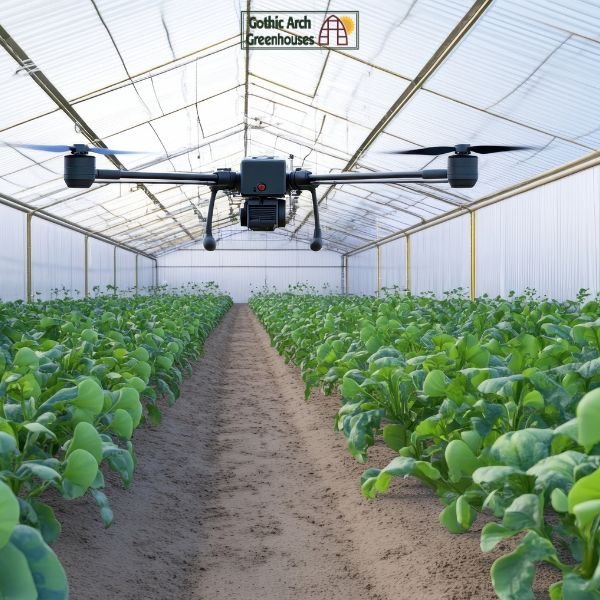 A futuristic smart greenhouse equipped with IoT sensors and AI monitoring systems, showing digital holographic data, automated controls, and rows of healthy plants inside a modern glass structure.