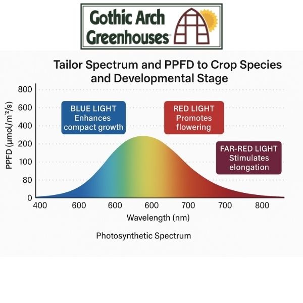 Spectrum diagram highlighting PAR (400–700 nm), blue, red, and far‑red regions and their primary plant responses.