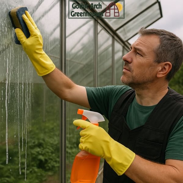 A person washing the transparent panels of a greenhouse to maximize winter light transmission.