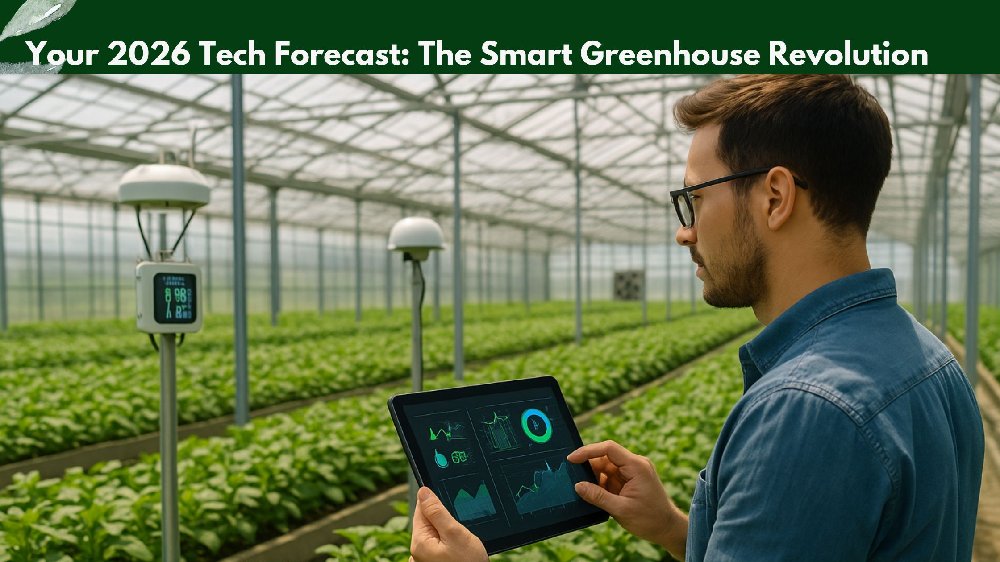A researcher using a digital tablet to monitor smart greenhouse technology, surrounded by rows of healthy green plants and advanced environmental sensors inside a modern glass greenhouse.